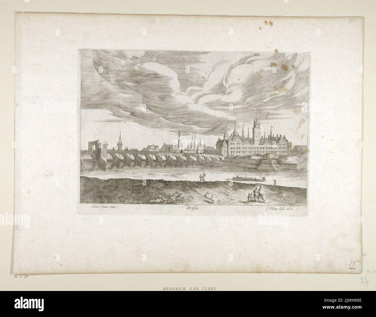 `Dresda`. View of Dresden with Augustus Bridge on the River Elbe and castle on the right. Galle, Theodor (1571-1633), graphic artist, Galle, Philips (1537-1612), graphic artist, Cleve, Hendrick van, III (ca 1525-1589), draughtsman, cartoonist Stock Photo